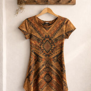 0153 CLEO Size Medium Faux suede mini dress with a tribal print. VGUC